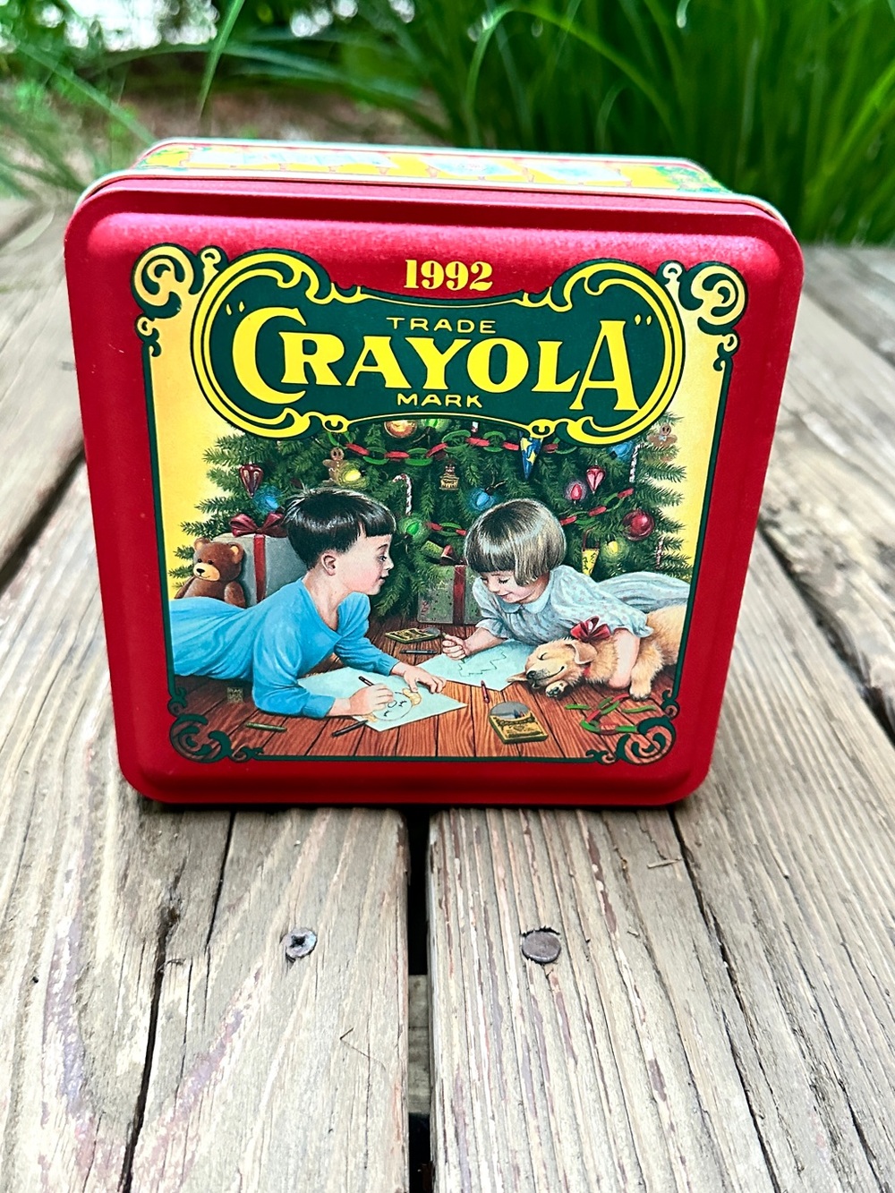 Vintage Crayola Holiday Tin with Vintage Children Scene